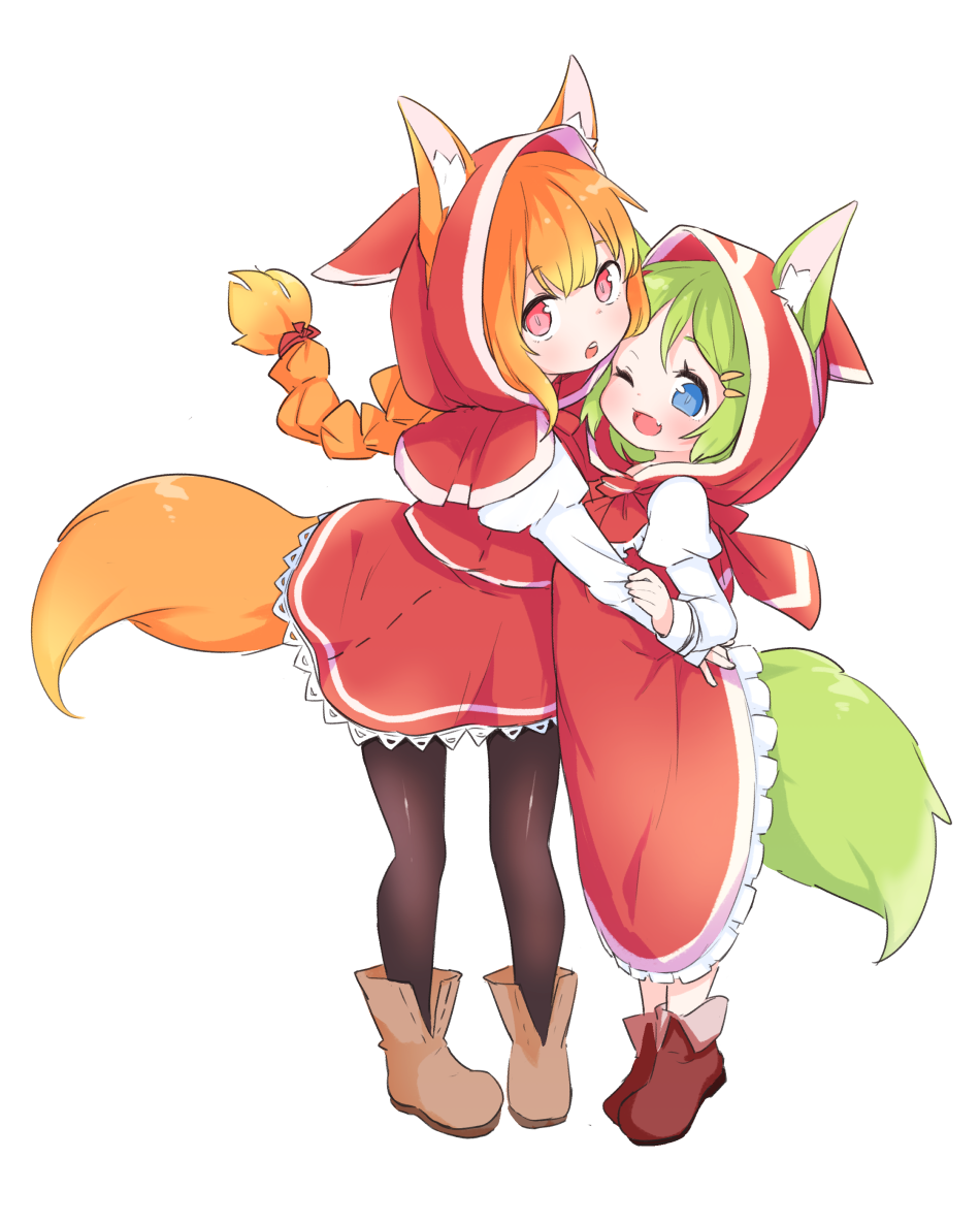 2girls ;d animal_ears black_legwear blue_eyes boots braid capelet commentary done_(donezumi) dress ears_through_headwear fang fox_ears fox_tail frilled_dress frills full_body green_eyes hair_ornament hairclip hood hooded_capelet hug juliet_sleeves long_hair long_sleeves looking_at_viewer multiple_girls one_eye_closed open_mouth original puffy_sleeves red_capelet red_dress red_eyes red_hood short_hair simple_background smile tail tiptoes white_background