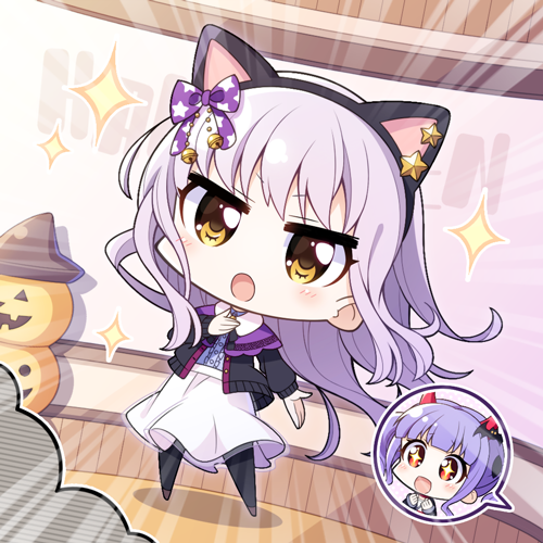 +_+ 1girl :d :o amahane_(n_amaha) animal_ears bang_dream! bangs bat_hair_ornament bell bell_hair_ornament black_jacket black_legwear bow cat_ears center_frills chibi clenched_hands commentary_request emphasis_lines fake_animal_ears grey_hair hair_bow hair_ornament hairband hand_on_own_chest hands_up hat jack-o'-lantern jacket jingle_bell long_hair lowres minato_yukina open_mouth print_bow purple_bow purple_hair smile solo sparkling_eyes spoken_character standing star star_print twintails udagawa_ako v-shaped_eyebrows witch_hat yellow_eyes