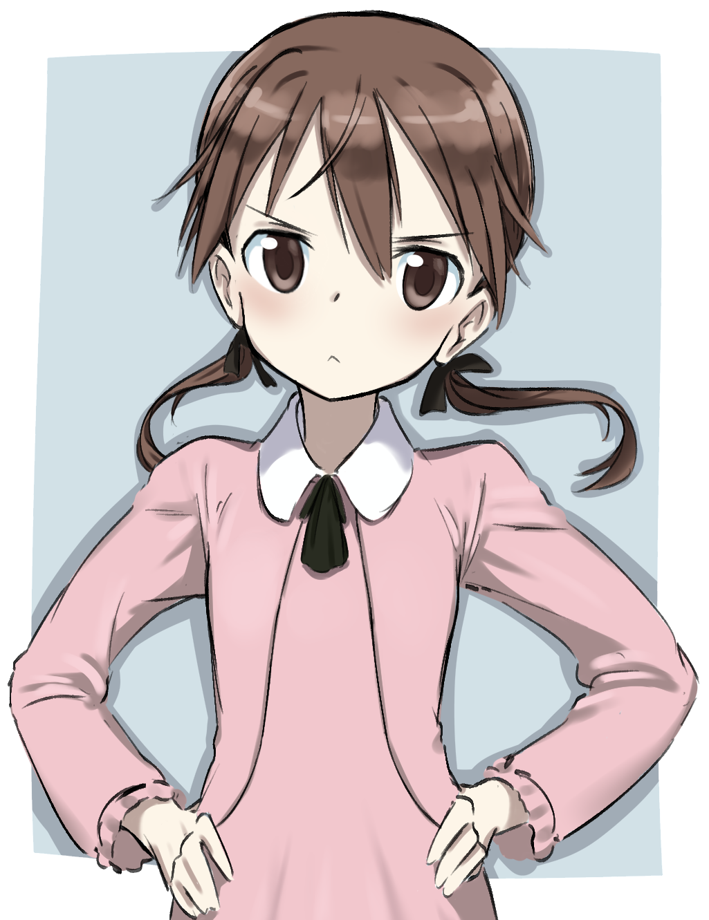 1girl black_neckwear black_ribbon blue_background brown_eyes brown_hair casual closed_mouth collared_dress dress fankupl frown gertrud_barkhorn hair_ribbon hands_on_hips highres long_hair long_sleeves neck_ribbon outside_border pink_dress ribbon solo strike_witches twintails upper_body world_witches_series younger