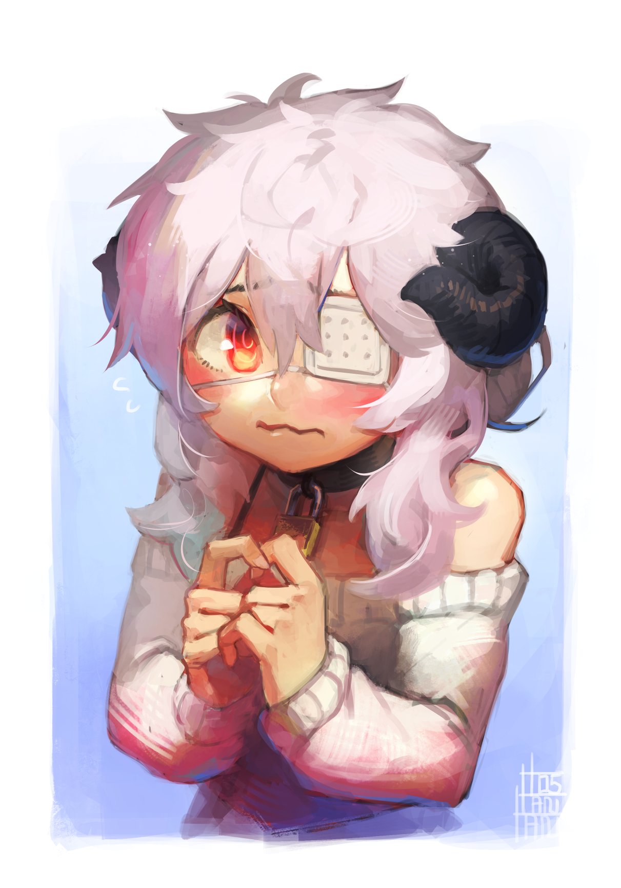 1girl :s bare_shoulders blue_background blush closed_mouth collar commentary_request eyepatch fingers_together flying_sweatdrops highres horns lock long_sleeves looking_at_viewer medical_eyepatch off_shoulder original pink_hair red_eyes short_hair signature solo sweater tostantan upper_body white_sweater