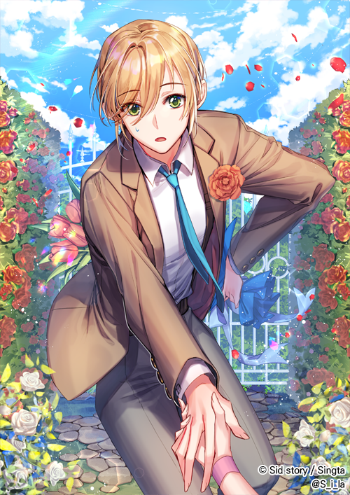 1boy aqua_neckwear blonde_hair blue_sky bouquet clouds copyright_name corsage day flower formal gate green_eyes grey_pants hair_between_eyes hand_holding hedge_(plant) holding holding_bouquet interitio leaning_forward official_art open_mouth outdoors pants petals rose shirt short_hair sid_story sky solo standing suit sweatdrop watermark white_shirt wristband