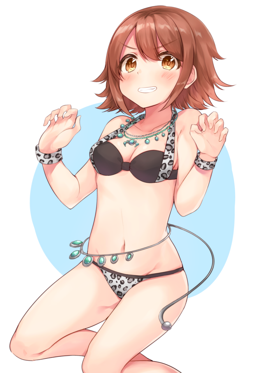 1girl animal_print belly_chain bikini black_bikini blush bracelet breasts brown_eyes brown_hair circle cleavage collarbone eyebrows_visible_through_hair grin highres jewelry jumping koretsuna looking_at_viewer medium_breasts navel necklace print_bikini sajima_yumi school_girl_strikers short_hair skindentation smile standing string_bikini swimsuit v-shaped_eyebrows w_arms