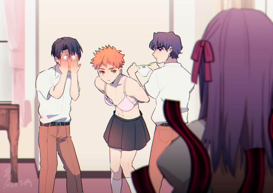 2018 3boys artist_request belt black_hair black_skirt blurry blush bra brown_vest collarbone covering_face curtains danshi_koukousei_no_nichijou dated depth_of_field desk dressing emiya_shirou eyebrows_visible_through_hair fate/stay_night fate_(series) glasses hair_ribbon holding holding_panties indoors kneehighs leaning_forward long_hair male_focus matou_sakura matou_shinji multiple_boys navel orange_eyes orange_hair panties pants parody parted_lips pink_ribbon pleated_skirt puffy_sleeves ribbon ryuudou_issei shirt short_sleeves signature skirt underwear vest white_legwear white_shirt window