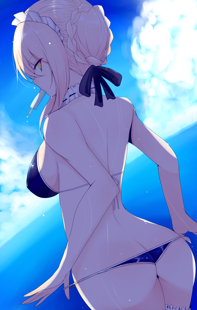 1girl artoria_pendragon_(all) artoria_pendragon_(swimsuit_rider_alter) ass bare_arms bikini bikini_pull blonde_hair blue_bikini blue_sky braid breasts clouds cloudy_sky cowboy_shot day fate/grand_order fate_(series) food from_behind hair_ribbon han_(jackpot) large_breasts looking_at_viewer maid_headdress mouth_hold outdoors popsicle profile ribbon saber_alter sideboob sky solo swimsuit yellow_eyes