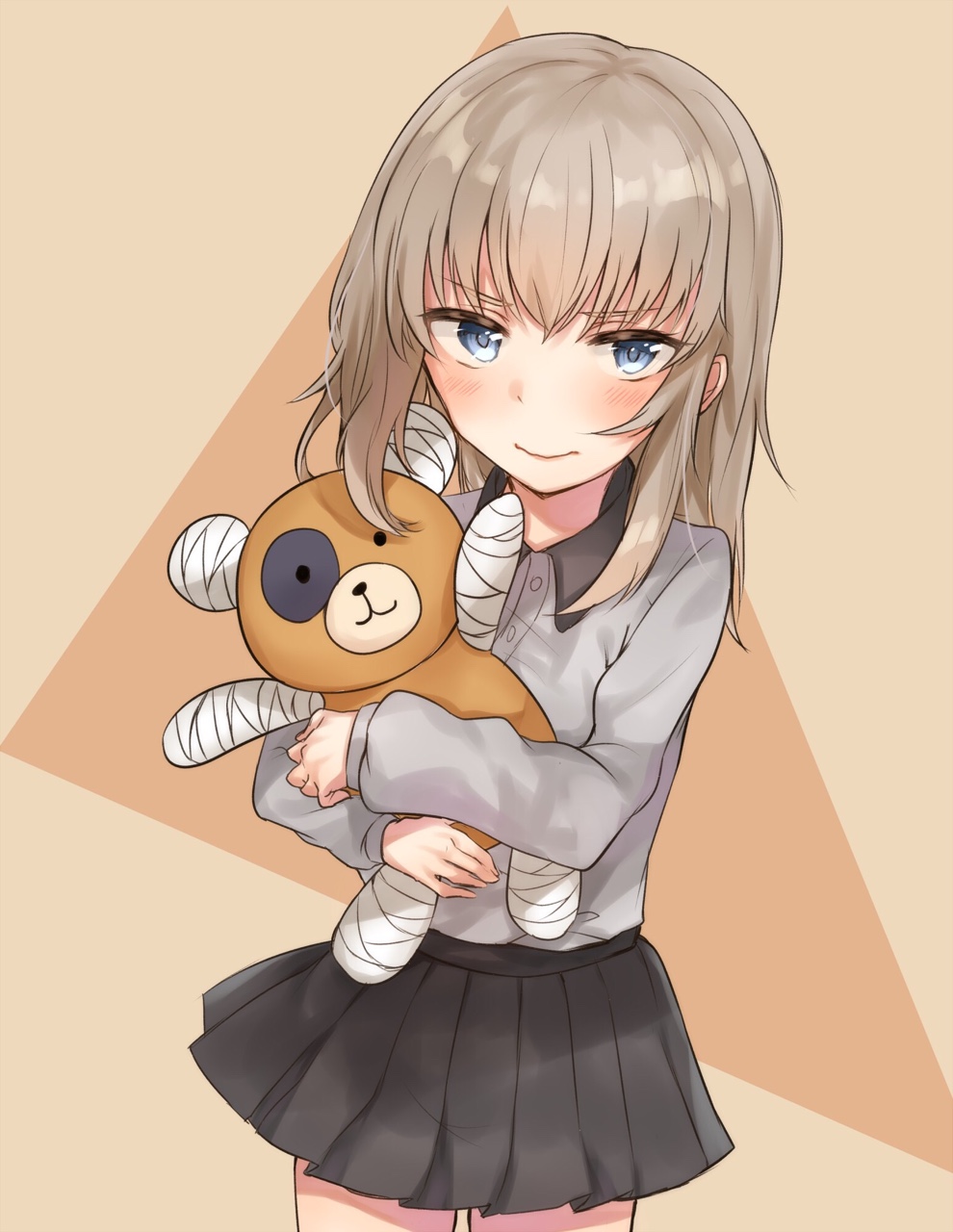 1girl bandage bangs black_skirt blue_eyes blush boko_(girls_und_panzer) brown_background closed_mouth cowboy_shot dress_shirt eyebrows_visible_through_hair frown girls_und_panzer grey_shirt highres holding holding_stuffed_animal itsumi_erika koretsuna kuromorimine_school_uniform long_hair long_sleeves looking_at_viewer miniskirt pleated_skirt shirt silver_hair skirt solo standing stuffed_animal stuffed_toy teddy_bear