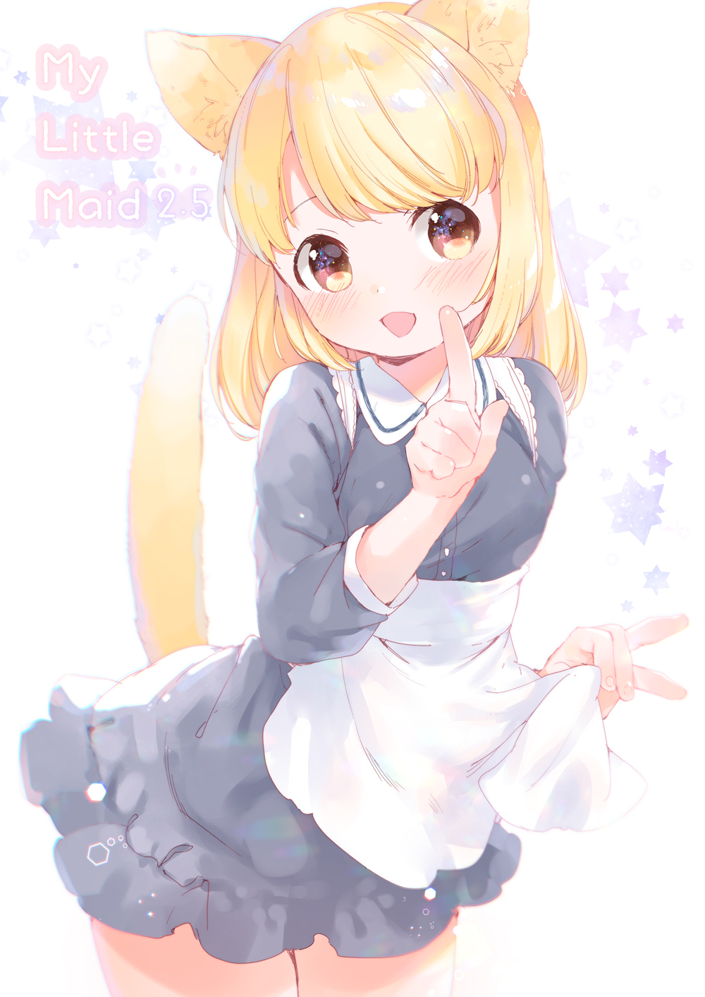 1girl :d animal_ears apron black_dress blonde_hair blush cat_ears comic cover cover_page cowboy_shot doujin_cover dress hand_up highres index_finger_raised legs_together light_brown_eyes looking_at_viewer maid maid_apron mutou_mato open_mouth original short_dress short_hair smile solo tail tail_raised wing_collar