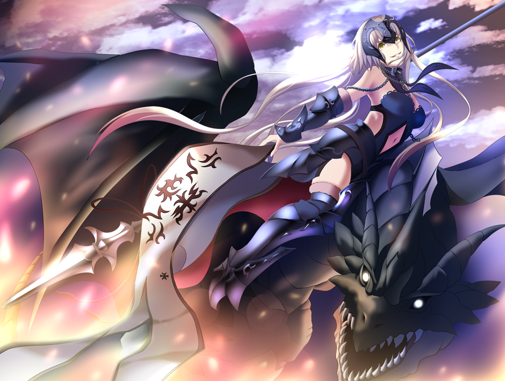 1girl armor armored_boots armored_dress banner blue_dress boots breasts clouds dragon dress fate/grand_order fate_(series) floating_hair green_eyes holding holding_weapon jeanne_d'arc_(alter)_(fate) jeanne_d'arc_(fate)_(all) kata4859 long_hair looking_at_viewer medium_breasts navel navel_cutout outdoors parted_lips riding silver_hair sleeveless sleeveless_dress smile solo thigh-highs thigh_boots very_long_hair weapon