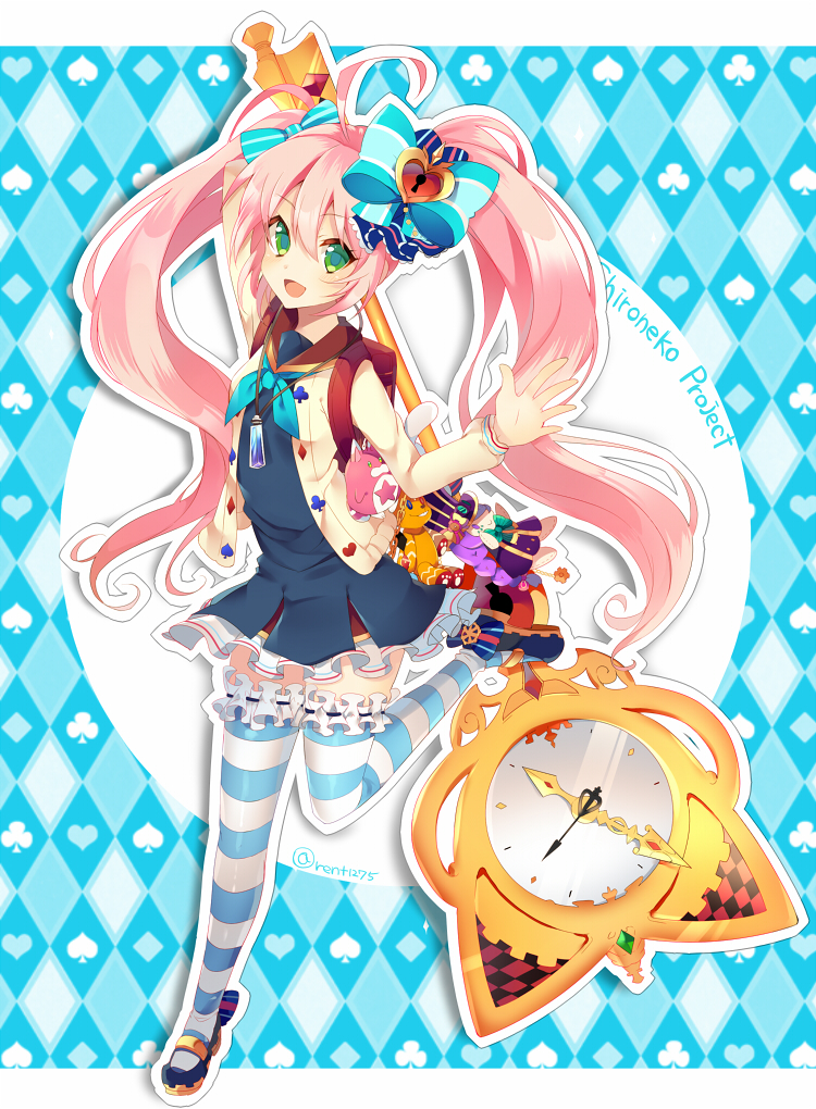 1girl ahoge blue_bow bow clock club_(shape) copyright_request diamond_(shape) green_eyes heart holding holding_staff horizontal-striped_legwear lock long_hair long_sleeves open_mouth pink_hair rento_(rukeai) smile solo spade_(shape) staff thigh-highs twintails