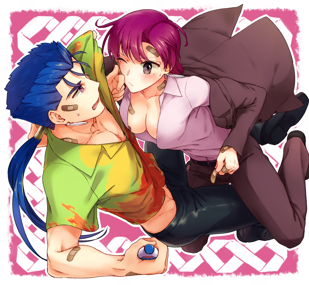 1boy 1girl bandage bangs bazett_fraga_mcremitz black_pants blue_hair bottle breasts brown_eyes cleavage closed_mouth collarbone earrings eye_contact fate/hollow_ataraxia fate_(series) formal full_body hawaiian_shirt jewelry lancer long_hair looking_at_another medium_breasts misoiri_(gokutsubushi) one_eye_closed open_mouth pant_suit pants parted_bangs ponytail purple_hair shirt short_hair suit violet_eyes