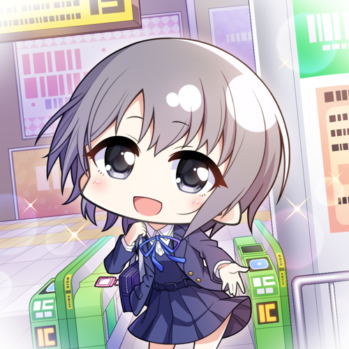 1girl :d amahane_(n_amaha) bag belt black_eyes blazer blue_dress blue_neckwear blush chibi commentary_request dress eyebrows_visible_through_hair fare_gate grey_hair holding_strap idolmaster idolmaster_cinderella_girls jacket lanyard long_sleeves looking_at_viewer lowres neck_ribbon open_mouth otokura_yuuki outstretched_hand pleated_dress ribbon school_bag shinjuku short_hair smile solo sparkle train_station