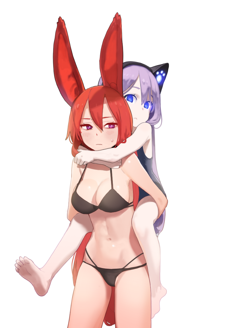 2girls :&lt; :| animal_ears barefoot bikini black_bikini blue_eyes blue_swimsuit blush breasts bright_pupils carrying cat_ear_headphones closed_mouth cowboy_shot doremi headphones large_breasts long_hair looking_at_viewer low-tied_long_hair multiple_girls navel one-piece_swimsuit original pale_skin piggyback purple_hair rabbit_ears redhead school_swimsuit simple_background standing sweatdrop swimsuit very_long_hair violet_eyes white_background