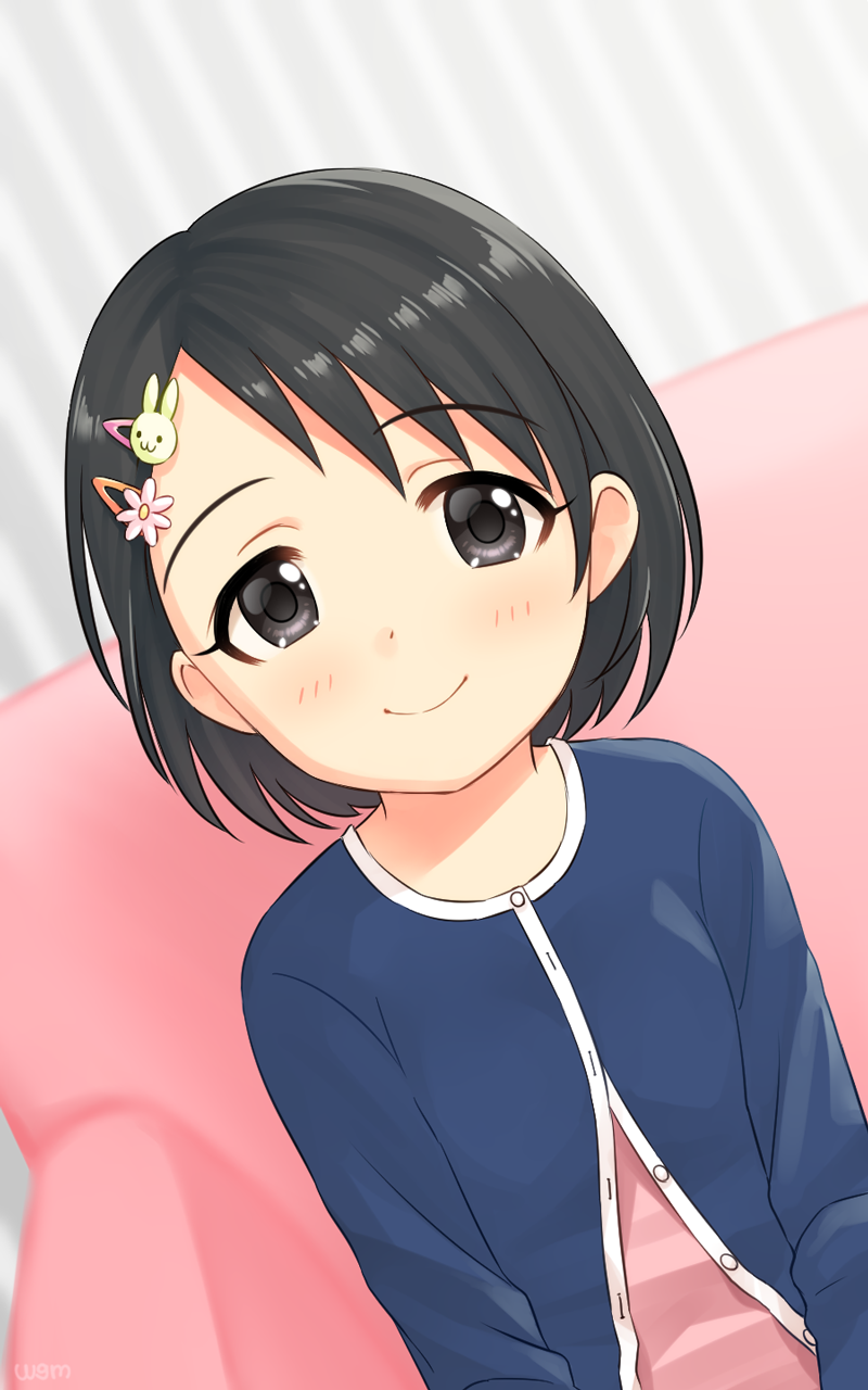 1girl bangs black_eyes black_hair blue_sweater blush bunny_hair_ornament couch dress ears eyebrows_visible_through_hair flower hair_flower hair_ornament hairclip highres idolmaster idolmaster_cinderella_girls indoors pink_dress sasaki_chie short_hair sitting smile solo sweater wgm_oekaki