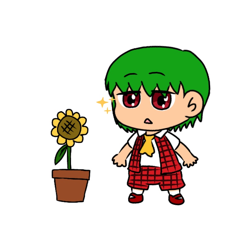 1boy child flower genderswap green_hair kazami_yuuka looking_down open_mouth pants plaid plaid_pants plaid_vest red_eyes short_hair solo sunflower toddler touhou vest white_background