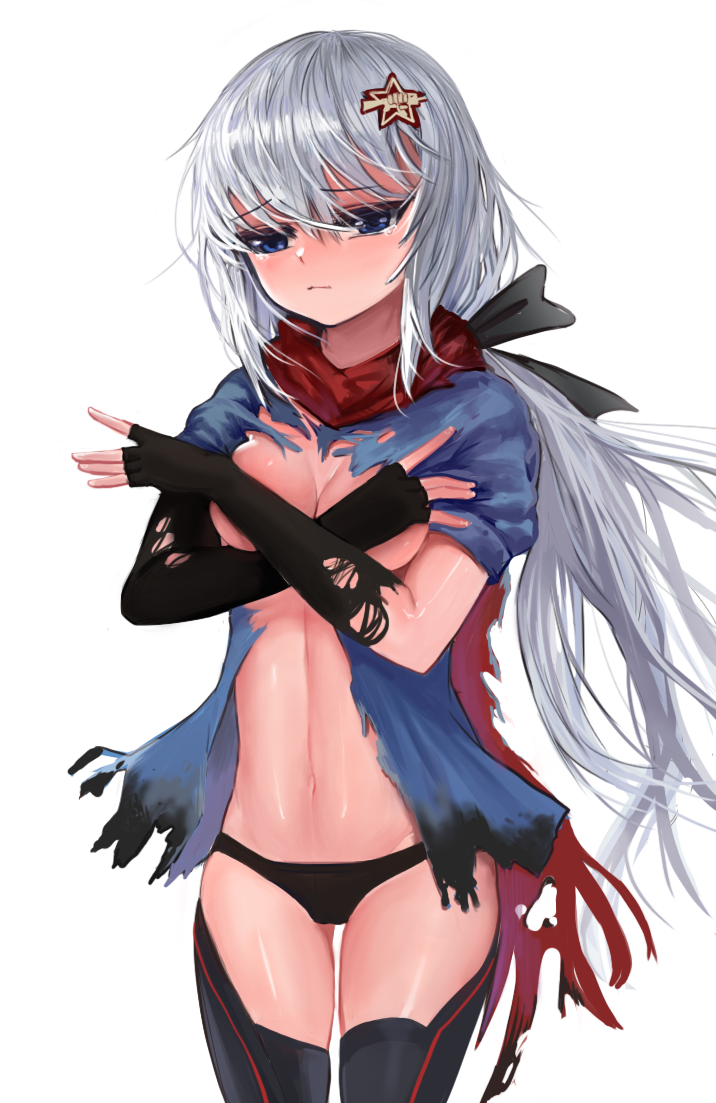 1girl 9a-91_(girls_frontline) bangs black_gloves black_panties blue_eyes blush breasts cleavage covering covering_breasts cowboy_shot dokomon eyebrows_visible_through_hair fingerless_gloves girls_frontline gloves hair_between_eyes hair_ornament hair_ribbon long_hair looking_at_viewer medium_breasts no_bra panties ponytail red_scarf ribbon scarf shirt short_sleeves silver_hair simple_background solo standing star star_hair_ornament tearing_up thigh-highs torn_clothes torn_gloves underwear white_background