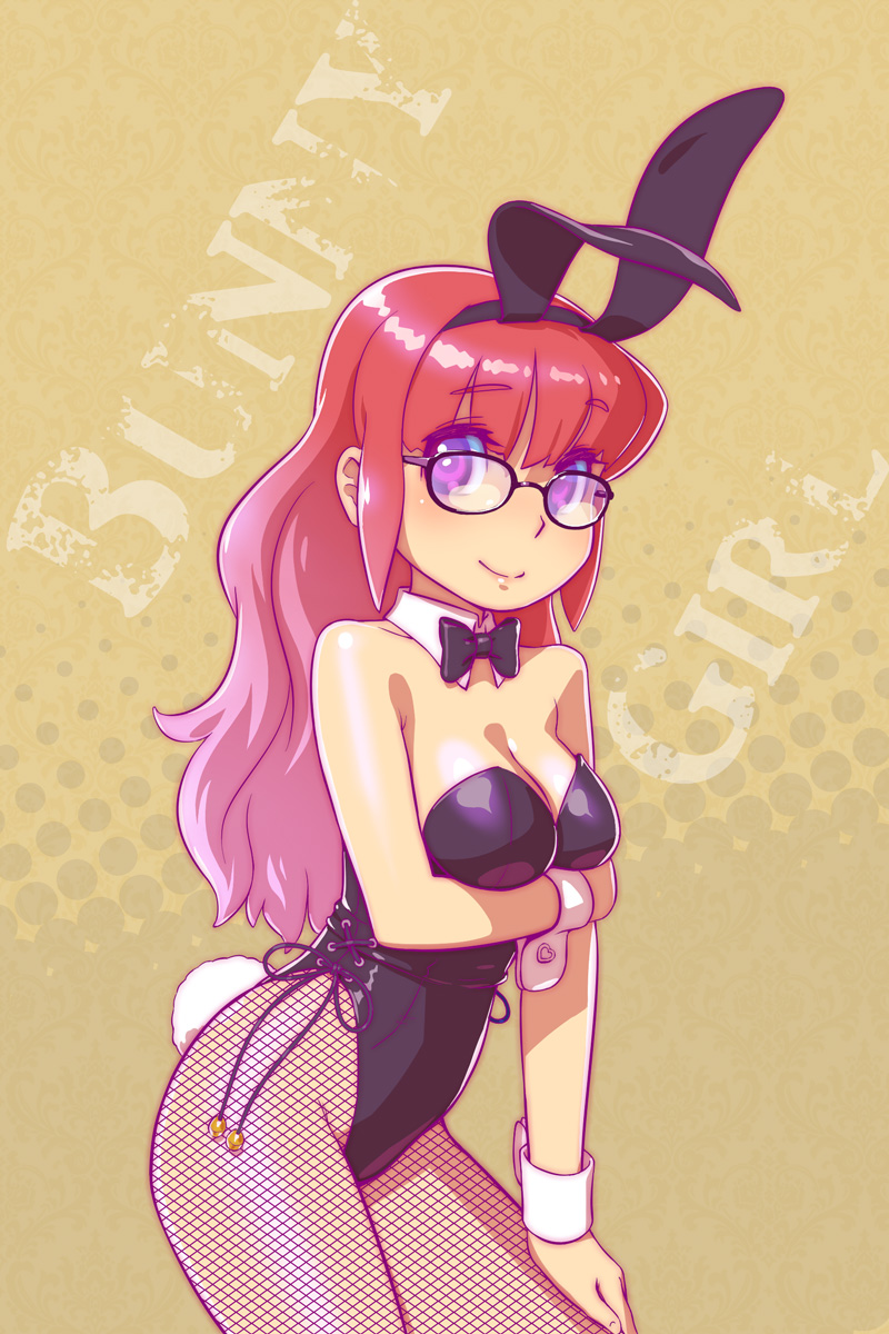 1girl animal_ears black-framed_eyewear black_leotard black_neckwear bow bowtie breasts brown_background bunny_girl bunny_tail bunnysuit cleavage cowboy_shot detached_collar fishnet_pantyhose fishnets fukusuke_hachi-gou glasses highres leotard long_hair looking_at_viewer original pantyhose rabbit_ears redhead smile solo strapless strapless_leotard tail violet_eyes wrist_cuffs