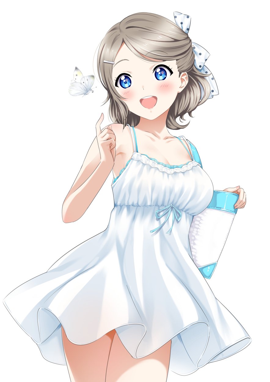 1girl alternate_hairstyle bag blue_eyes bow_dress breasts bug butterfly cleavage dress hair_ornament hair_ribbon hairclip handbag highres insect love_live! love_live!_sunshine!! medium_breasts ribbon rozen5 short_hair simple_background solo watanabe_you white_background white_dress