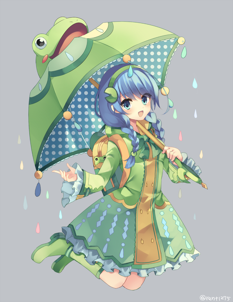 1girl backpack bag blue_hair boots bow braid dress frog green_bow green_dress green_footwear green_hairband jumping lily_pad long_hair long_sleeves open_mouth original randoseru rento_(rukeai) smile solo