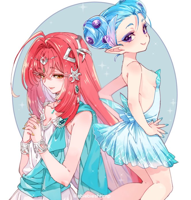 2girls blue_hair blush dress hair_ornament humanization jewelry long_hair looking_at_viewer mipha multiple_girls pointy_ears princess_ruto redhead shuri_(84k) smile the_legend_of_zelda the_legend_of_zelda:_breath_of_the_wild the_legend_of_zelda:_ocarina_of_time violet_eyes yellow_eyes