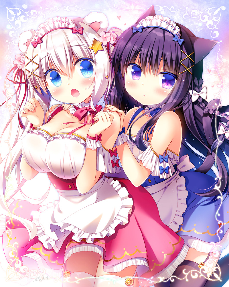 2girls :&lt; :o animal_ears apron bangs bare_shoulders bear_ears black_hair black_legwear blue_bow blue_dress blue_eyes blush bow braid breasts cat_ears cat_girl cat_tail cleavage closed_mouth collarbone commentary_request detached_collar dress eyebrows_visible_through_hair fingernails flower frilled_apron frills garter_straps hair_between_eyes hair_bow hair_flower hair_ornament hair_ribbon hands_on_another's_shoulder hands_up head_tilt heart large_breasts long_hair looking_at_viewer maid maid_headdress multiple_girls open_mouth original pink_dress pink_flower pleated_dress red_neckwear red_ribbon ribbon sasai_saji side_ponytail sidelocks silver_hair tail thigh-highs very_long_hair violet_eyes waist_apron white_apron white_bow white_legwear x_hair_ornament