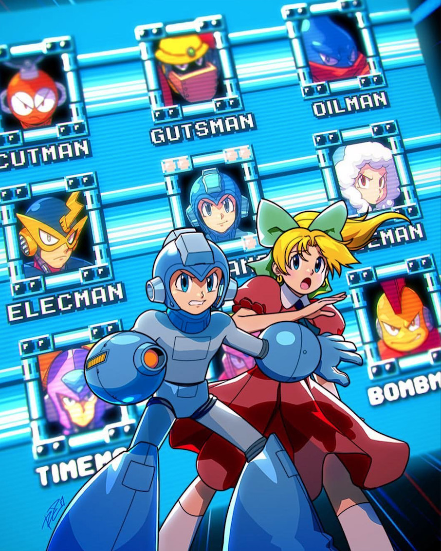 1boy 1girl arm_cannon blonde_hair blue_eyes bombman commentary cutman dress earrings elecman english_commentary green_ribbon gutsman hair_ribbon helmet iceman jewelry marvel oilman open_mouth parody ponytail red_dress ribbon robert_porter rockman rockman_(character) rockman_(classic) roll signature timeman weapon x-men