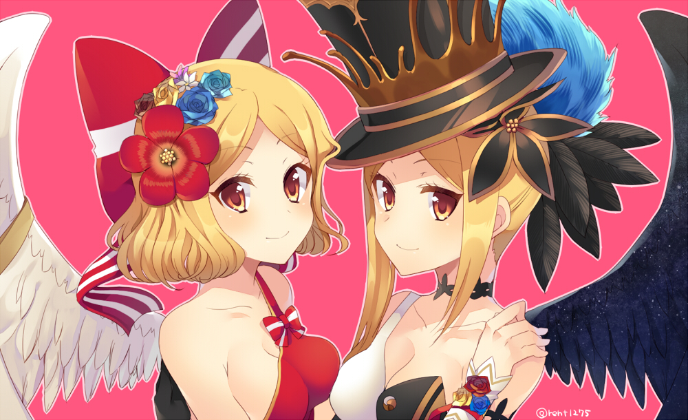 2girls black_choker black_feathers black_hat bow choker copyright_request feathers flower hair_flower hair_ornament hat looking_at_viewer multiple_girls red_bow red_eyes red_flower rento_(rukeai) rose short_hair smile top_hat white_feathers