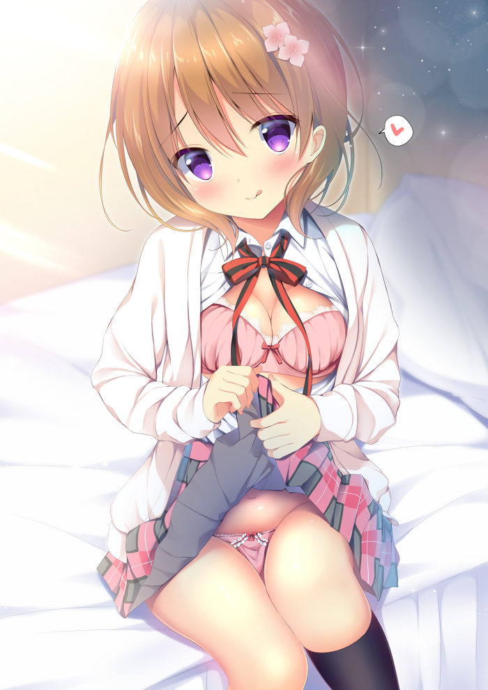 1girl :p bangs bed_sheet black_legwear blush bra breasts brown_hair closed_mouth collared_shirt commentary_request eyebrows_visible_through_hair flower gochuumon_wa_usagi_desu_ka? hair_flower hair_ornament head_tilt heart hoto_cocoa indoors kneehighs legs_together lifted_by_self looking_at_viewer on_bed open_clothes open_mouth open_shirt panties pink_bra pink_panties plaid plaid_skirt ribbon shibainu_niki shirt short_hair sitting skirt skirt_lift small_breasts smile solo speech_bubble spoken_heart striped striped_ribbon tongue tongue_out unbuttoned underwear violet_eyes white_pillow white_shirt