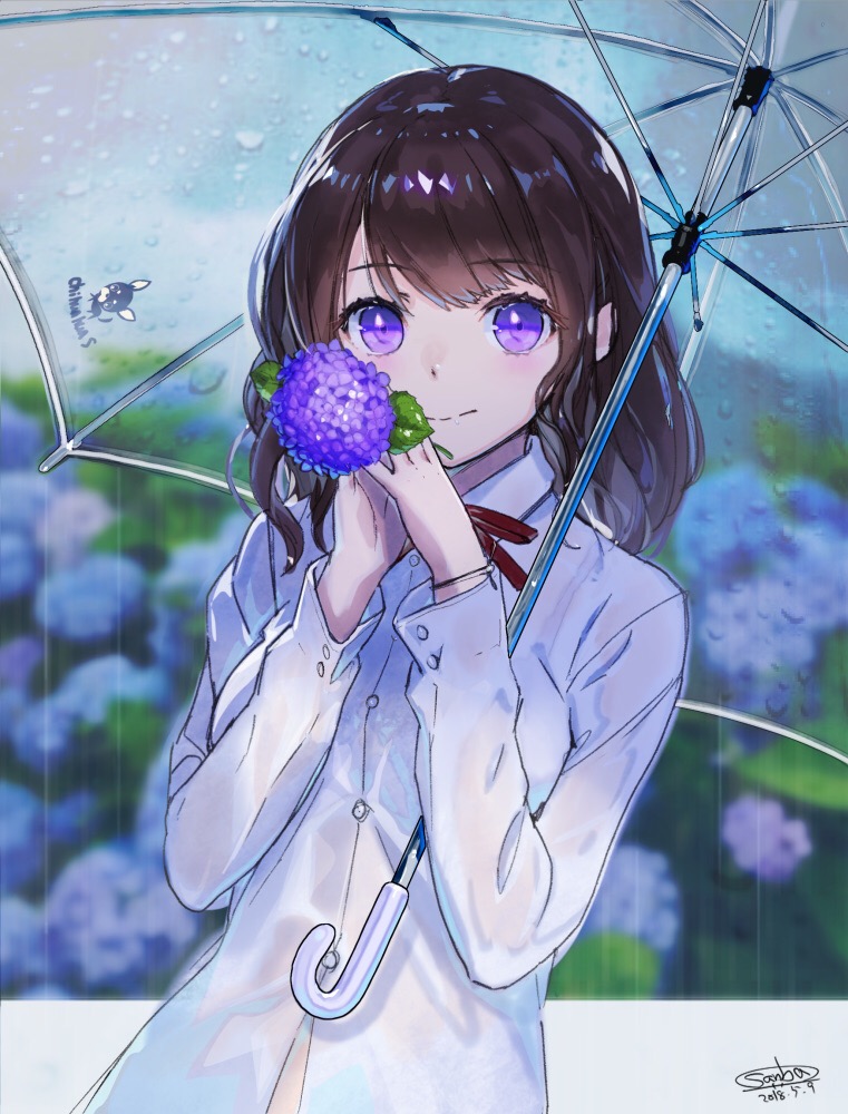 1girl bangs blurry blurry_background blush bra_through_clothes brown_hair closed_mouth collared_shirt depth_of_field eyebrows_visible_through_hair flower gloves hands_up holding holding_flower holding_umbrella hydrangea long_hair long_sleeves looking_at_viewer original purple_gloves rain sanbasou school_uniform see-through shirt signature smile solo transparent transparent_umbrella umbrella violet_eyes wet wet_clothes wet_shirt white_shirt