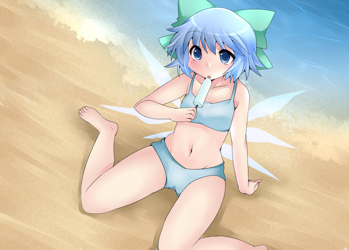 1girl bare_legs bare_shoulders bikini blue_bikini blue_eyes blue_hair bow cirno food hair_bow hammer_(sunset_beach) licking popsicle sitting solo swimsuit tongue tongue_out touhou wariza water wings