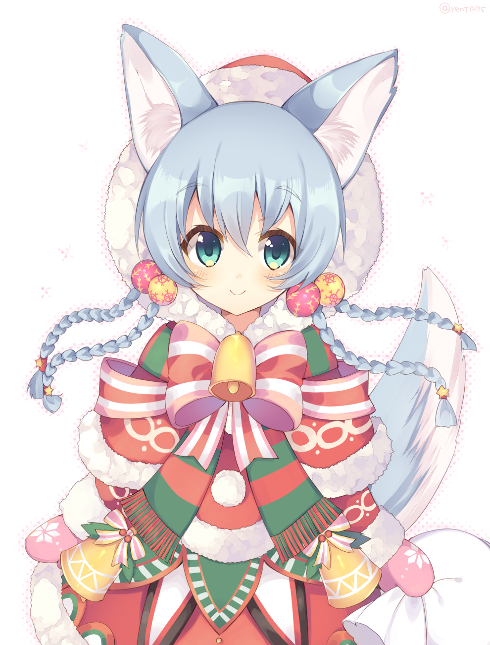 1girl animal_ears aqua_eyes bell bow braid dress gloves hair_ornament hat highres looking_at_viewer original pink_gloves rento_(rukeai) santa_costume santa_hat silver_hair smile star star_hair_ornament tail