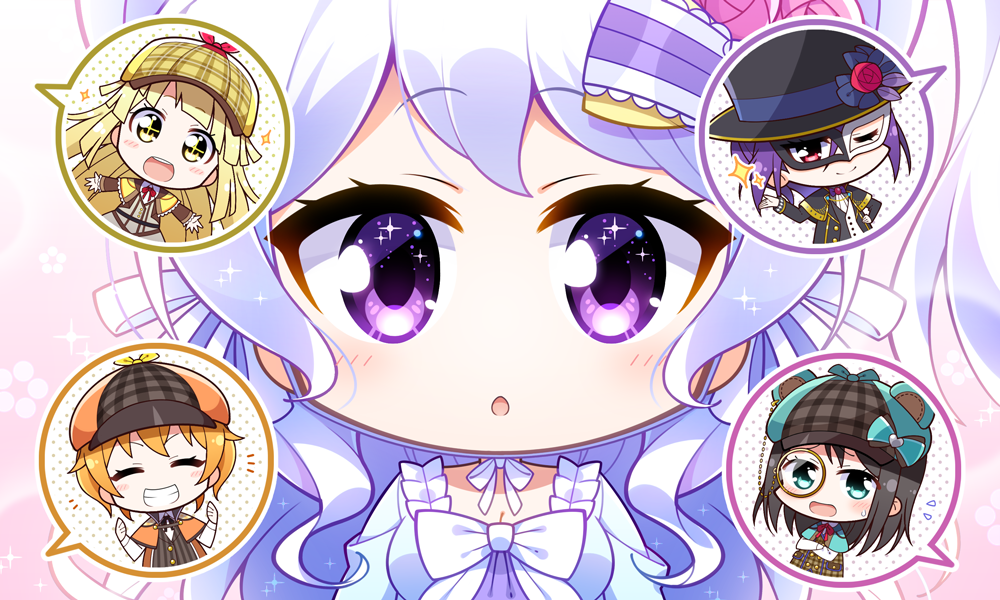 1girl :o ;) amahane_(n_amaha) bang_dream! bangs bear_hat black_capelet black_hair blonde_hair blue_bow blue_capelet blue_dress blue_eyes blue_hair blue_ribbon blush bow cape capelet chibi commentary_request crossed_arms deerstalker detective dress flower flying_sweatdrops grin hair_bow hair_ribbon hand_on_hip hat hat_bow hat_ribbon hello_happy_world! kitazawa_hagumi long_hair long_sleeves masquerade_mask matsubara_kanon monocle neck_ribbon notice_lines okusawa_misaki one_eye_closed orange_capelet orange_hair outstretched_arms phantom_thief pink_flower pink_rose plaid_hat purple_hair red_eyes red_neckwear red_ribbon ribbon rose seta_kaoru short_hair smile solo sparkle sparkling_eyes spoken_character spread_arms sweatdrop top_hat tsurumaki_kokoro upper_body violet_eyes white_neckwear yellow_capelet yellow_eyes yellow_ribbon