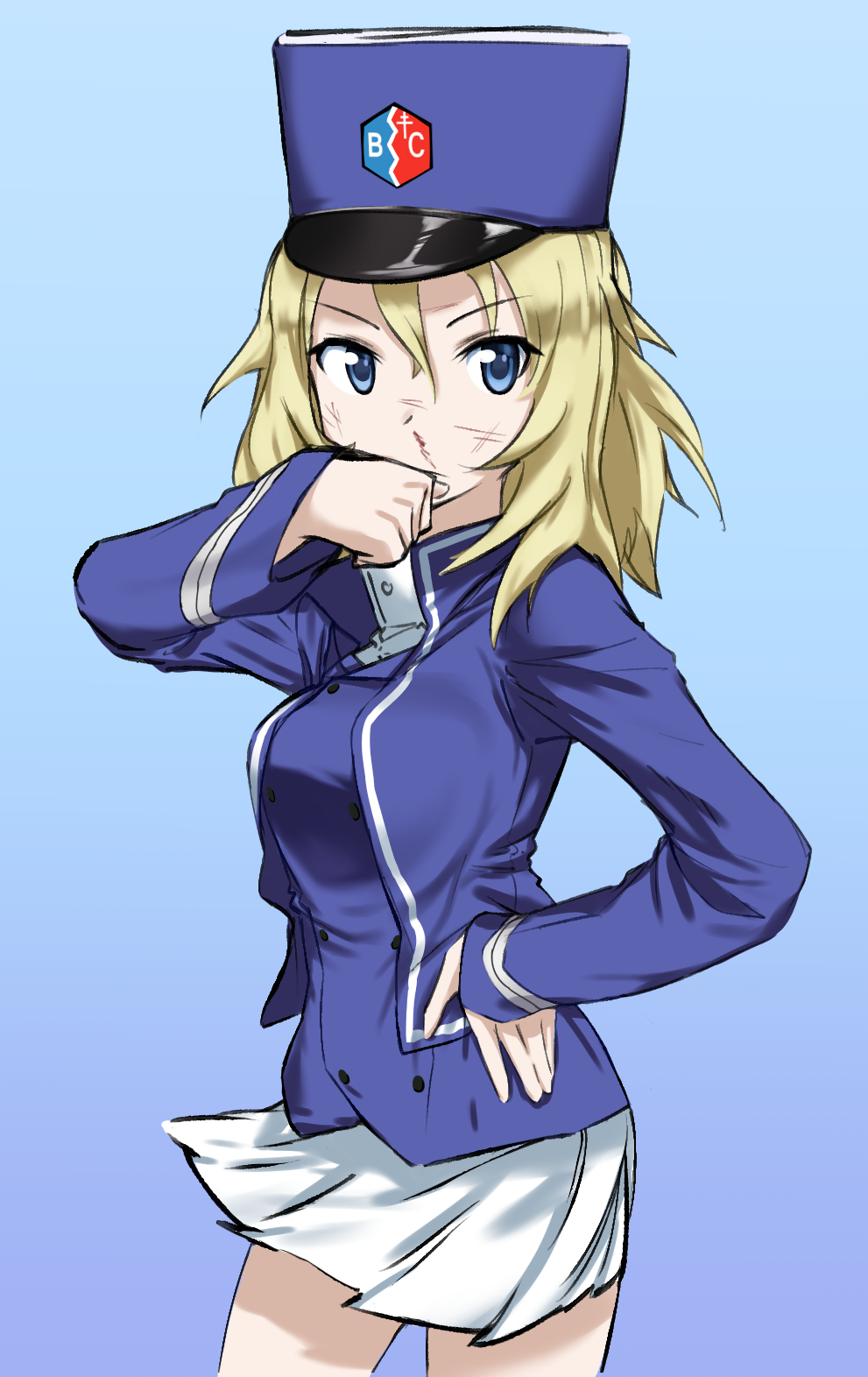 1girl bangs bc_freedom_(emblem) bc_freedom_military_uniform blonde_hair bloody_nose blue_background blue_eyes blue_hat blue_jacket blue_vest closed_mouth cowboy_shot dirty_face dress_shirt emblem fankupl frown girls_und_panzer hat high_collar highres jacket long_sleeves looking_at_viewer medium_hair messy_hair military military_hat military_uniform miniskirt oshida_(girls_und_panzer) pleated_skirt shako_cap shirt simple_background skirt solo standing uniform vest white_shirt white_skirt wind wiping_face