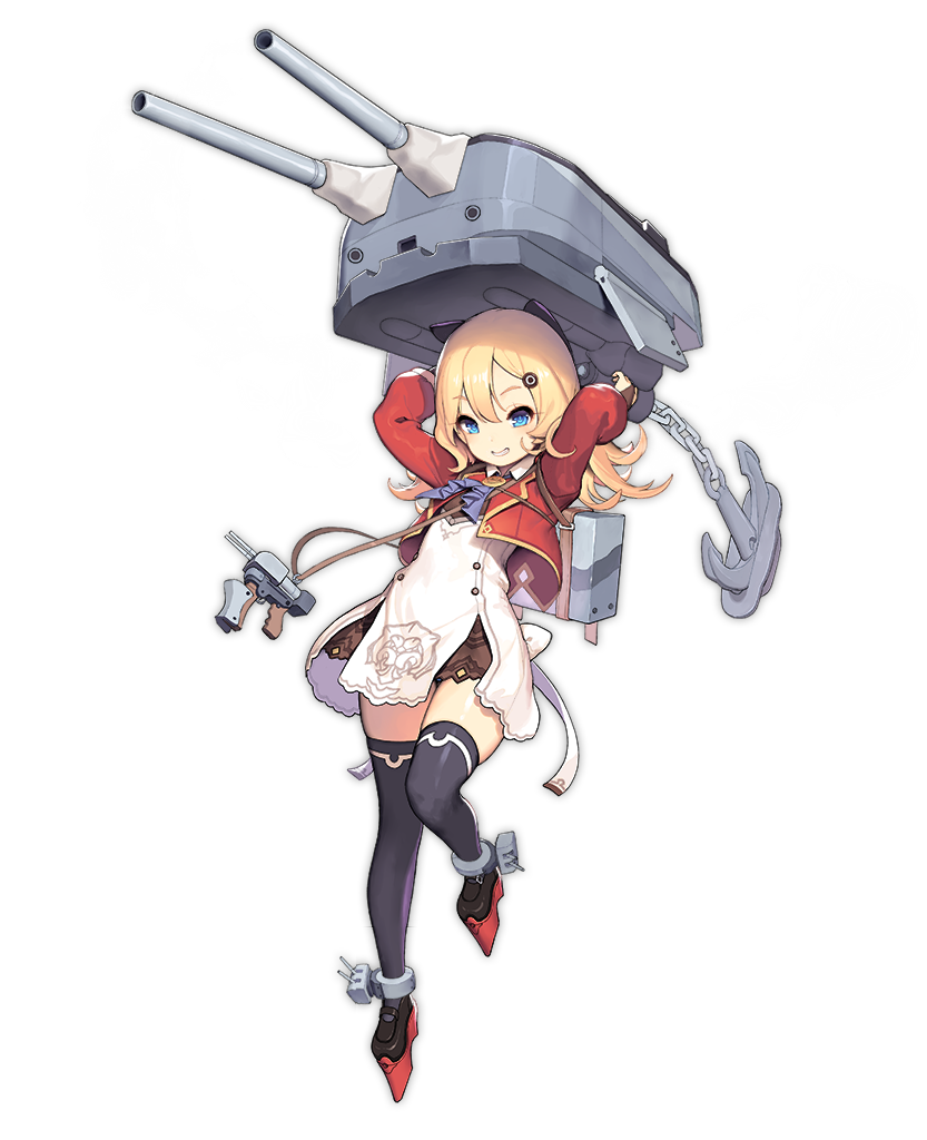 1girl abercrombie_(azur_lane) anchor ascot azur_lane bangs black_footwear black_legwear blonde_hair blue_eyes bridal_gauntlets carrying carrying_overhead chains collared_dress cropped_jacket dress eyebrows eyebrows_visible_through_hair full_body grin hair_between_eyes hair_ornament jacket leg_up long_hair long_sleeves looking_at_viewer mary_janes official_art open_clothes open_jacket purple_neckwear red_jacket shoes short_dress simple_background smile smoke solo standing standing_on_one_leg straight_hair tachi-e thigh-highs thigh_gap transparent_background tsliuyixin turret white_dress zettai_ryouiki