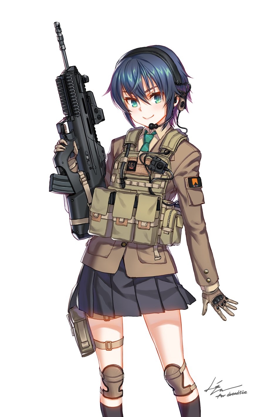 1girl ammunition_pouch aqua_eyes arm_at_side assault_rifle bangs black_legwear blue_hair borrowed_character bullpup commentary feet_out_of_frame fn_f2000 gloves green_neckwear gun hair_between_eyes headset highres holding holding_gun holding_weapon jacket knee_pads kneehighs kws long_sleeves looking_at_viewer military necktie original pleated_skirt pouch rifle short_hair signature simple_background skirt smile solo standing thigh_pouch trigger_discipline weapon white_background wing_collar
