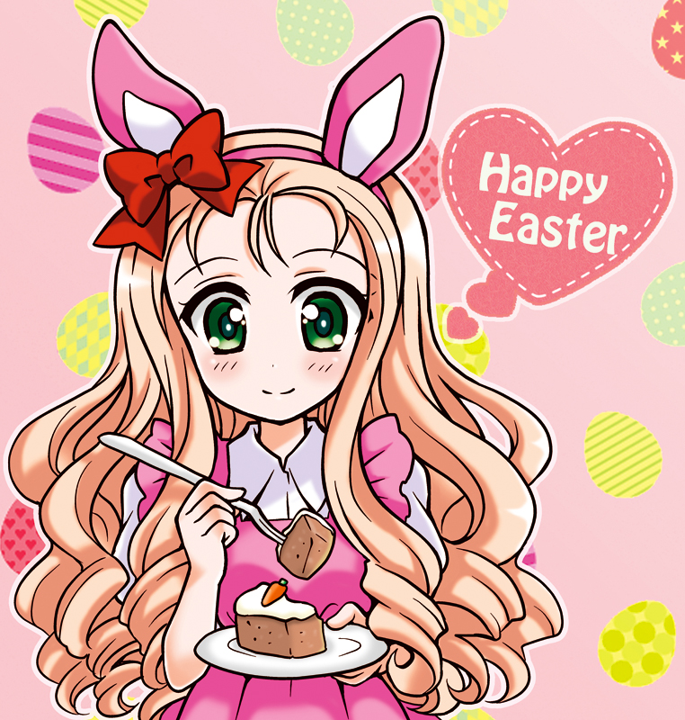 1girl animal_ears blonde_hair bow burafu cake carrot_cake closed_mouth collared_dress commentary_request dress drill_hair easter_egg egg english fake_animal_ears food fork girls_und_panzer green_eyes hair_bow happy_easter holding holding_fork long_hair marie_(girls_und_panzer) pink_background pink_dress plate puffy_short_sleeves puffy_sleeves rabbit_ears red_bow short_sleeves smile solo upper_body