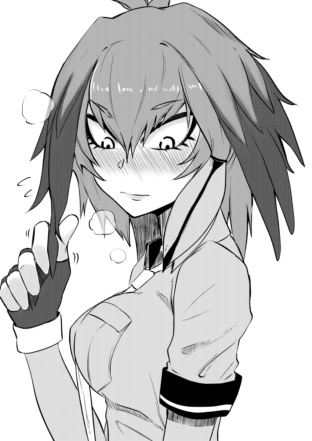 1girl bangs blush closed_mouth collared_shirt embarrassed eyebrows_visible_through_hair fingerless_gloves flying_sweatdrops from_side frown fume gloves greyscale head_wings highres kemono_friends long_hair looking_down low_ponytail monochrome multicolored_hair necktie saku_(saku1151) shirt shoebill_(kemono_friends) short_sleeves side_ponytail solo upper_body