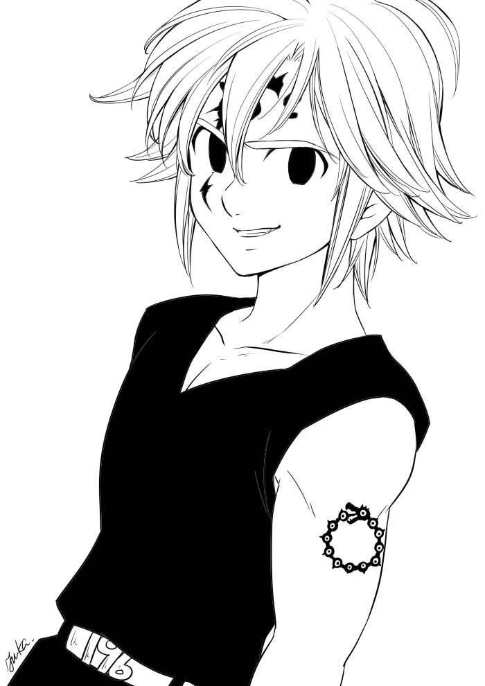 1boy belt collarbone dark_persona dragon_tattoo evil_smile greyscale grin harumiya looking_at_viewer meliodas monochrome nanatsu_no_taizai shoulder_tattoo smile tattoo