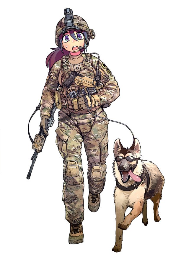 1girl assault_rifle bangs black_eyes black_hair boots brown_footwear brown_gloves camouflage camouflage_hat camouflage_jacket camouflage_pants combat_boots cross-laced_footwear full_body german_shepherd gloves goggles gun handgun headphones headset helmet holding holster jacket knee_pads lace-up_boots leash long_hair looking_at_viewer magazine_(weapon) military military_uniform open_mouth original pants rifle running simple_background solo standing standing_on_one_leg sweatdrop tactical_clothes thomas_hewitt tongue tongue_out uniform united_states_army weapon weapon_request white_background