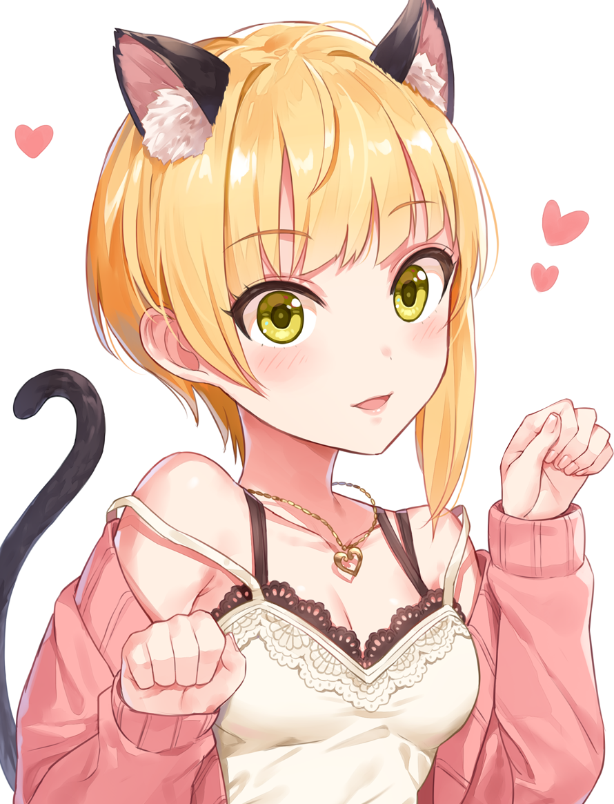 1girl animal_ears bangs bare_shoulders blonde_hair blush breasts cat_ears cat_tail cleavage collarbone eyebrows_visible_through_hair green_eyes heart idolmaster idolmaster_cinderella_girls jewelry kemonomimi_mode lips long_sleeves looking_at_viewer medium_breasts miyamoto_frederica open_mouth paw_pose short_hair simple_background smile solo strap_slip tail upper_body white_background yuuhi_(ages)
