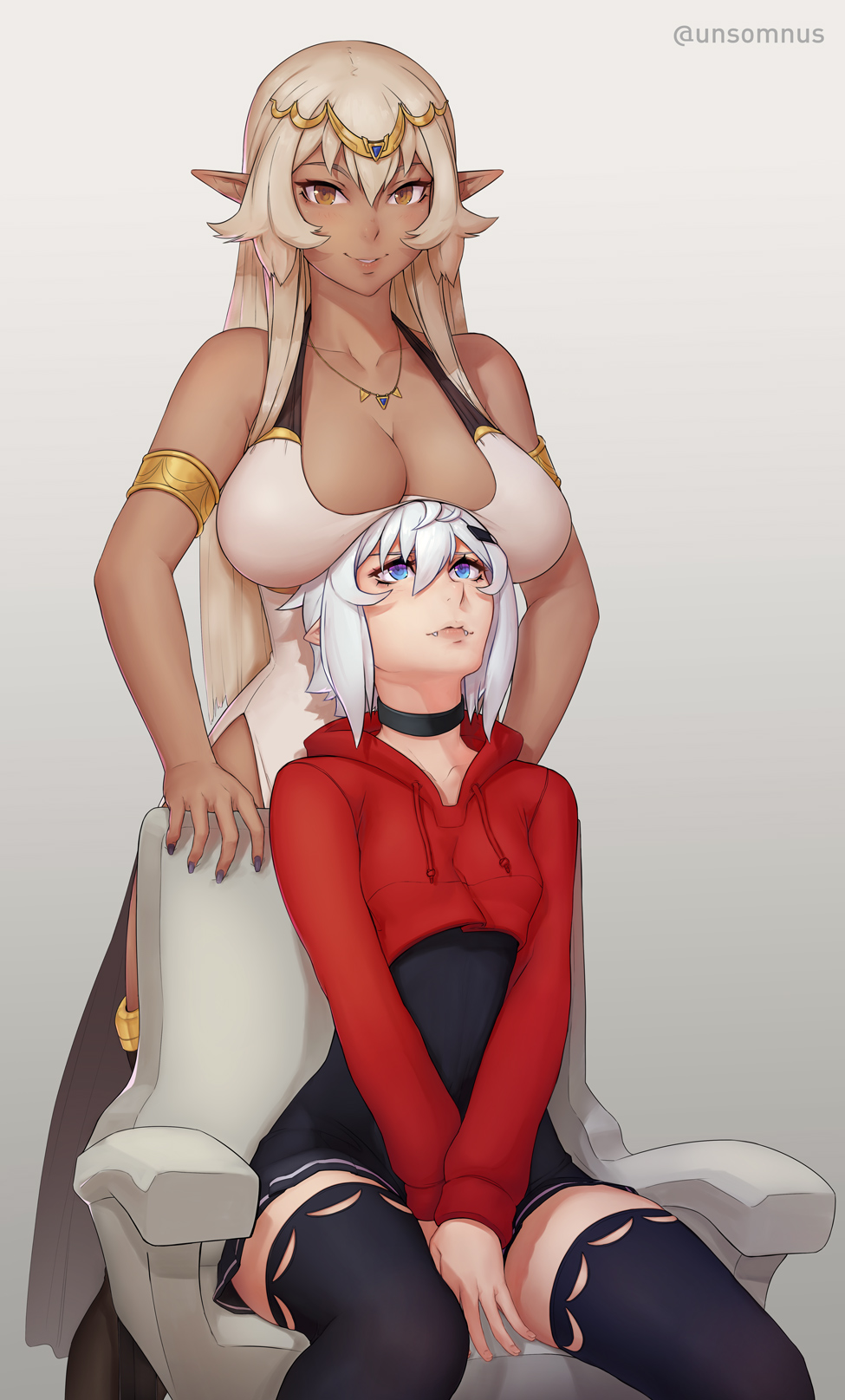 2girls armlet bangs bare_shoulders black_dress black_legwear blue_eyes blush breast_rest breasts breasts_on_head brown_eyes choker circlet cleavage collarbone crop_top dark_elf dress elf fangs fangs_out hair_between_eyes highres hood hood_down hoodie jewelry large_breasts lips long_hair long_sleeves looking_at_viewer multiple_girls nail_polish necklace original parted_lips pointy_ears purple_nails short_hair side_slit simple_background sitting sleeveless sleeveless_dress smile thigh-highs unsomnus v_arms vampire white_dress white_hair zettai_ryouiki