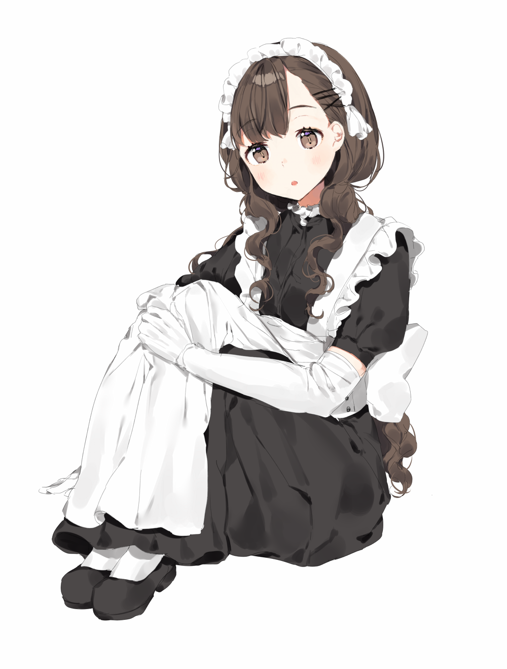 1girl apron bangs black_footwear blush brown_eyes brown_hair dress elbow_gloves eyebrows_visible_through_hair full_body gloves hair_ornament hairclip head_tilt highres knees_up long_dress long_hair looking_at_viewer maid maid_headdress ongyageum open_mouth original puffy_short_sleeves puffy_sleeves shoes short_sleeves simple_background sitting solo white_background white_gloves white_legwear