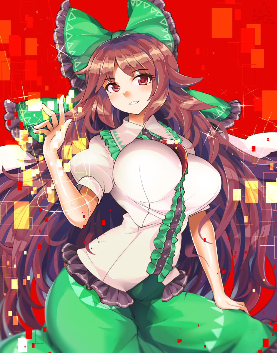 1girl arm_cannon bangs bare_arms blouse bow breasts brown_hair cape collared_blouse commentary_request eyebrows_visible_through_hair frilled_blouse frilled_bow frilled_shirt_collar frills green_bow green_skirt hair_bow hand_on_own_thigh hand_up highres hips impossible_clothes impossible_shirt large_breasts long_hair long_skirt materializing parted_bangs parted_lips puffy_short_sleeves puffy_sleeves red_eyes reiuji_utsuho shirt short_sleeves sitting skirt smile solo sparkle third_eye touhou umigarasu_(kitsune1963) unaligned_breasts upper_body very_long_hair weapon white_blouse white_cape wing_collar wings