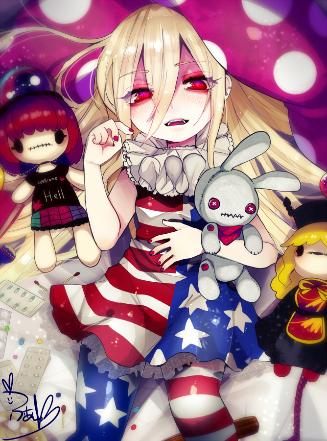 1girl alternate_legwear american_flag_dress american_flag_legwear black_dress black_shirt blonde_hair chains chinese_clothes clothes_writing clownpiece collar dress frilled_shirt_collar frills fua_yuu gold_chain hat hecatia_lapislazuli jester_cap junko_(touhou) leggings long_hair long_sleeves moon_(ornament) multicolored multicolored_clothes neck_ruff off-shoulder_shirt open_mouth orange_hair pantyhose pink_eyes plaid plaid_skirt polka_dot polos_crown print_legwear red_eyes redhead sash shirt short_dress short_sleeves skirt star star_print striped stuffed_animal stuffed_bunny stuffed_toy t-shirt tabard touhou very_long_hair wide_sleeves