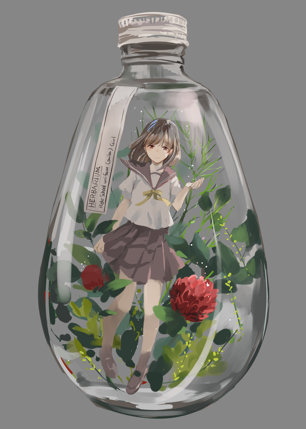 1girl arm_at_side bangs bottle brown_eyes brown_hair commentary_request english eyebrows_visible_through_hair flower full_body glass_bottle grey_background highres in_bottle in_container looking_at_viewer medium_hair minigirl naruse_chisato neck_ribbon original pleated_skirt ribbon school_uniform serafuku shirt short_sleeves simple_background skirt solo yellow_neckwear