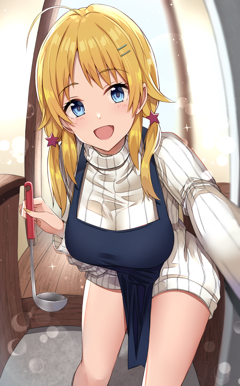 1girl :d ahoge apron bangs blonde_hair blue_eyes breasts eyebrows_visible_through_hair hachimiya_meguru hair_ornament hairclip highres idolmaster idolmaster_shiny_colors kanikou ladle large_breasts long_hair looking_at_viewer low_twintails open_mouth ribbed_sweater smile solo sweater turtleneck turtleneck_sweater twintails