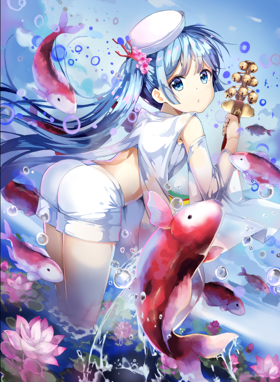 1girl ass blue_eyes blue_hair droplets fish flower hair_flower hair_ornament highres hiroki_(yyqw7151) looking_back midriff nova_(tcg) official_art original short_shorts shorts white_shorts