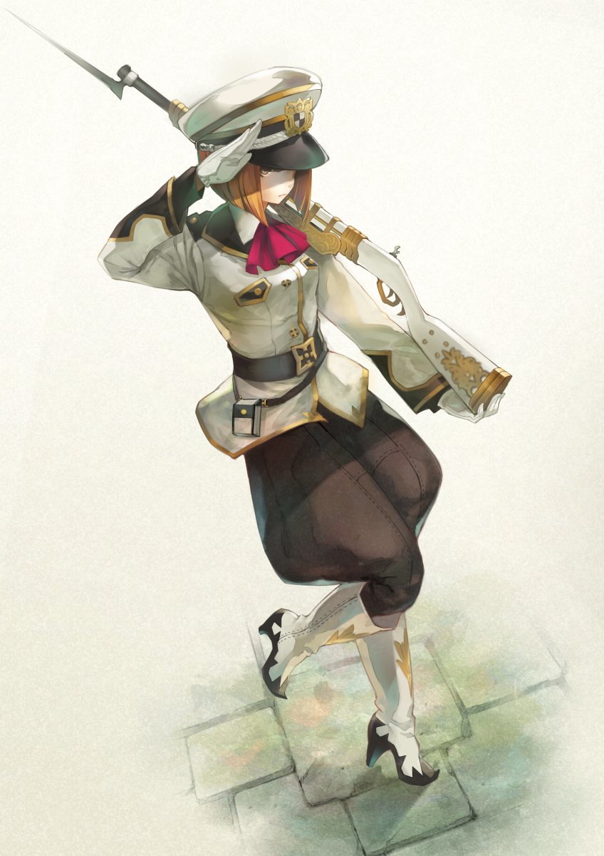 bad_perspective bayonet boots brown_eyes brown_hair fantasy_earth_zero gloves gun hat high_heel_boots high_heels highres holding holding_gun holding_weapon military military_hat military_uniform over_shoulder pouch ryouku salute short_hair standing standing_on_one_leg uniform weapon white_footwear white_gloves white_hat