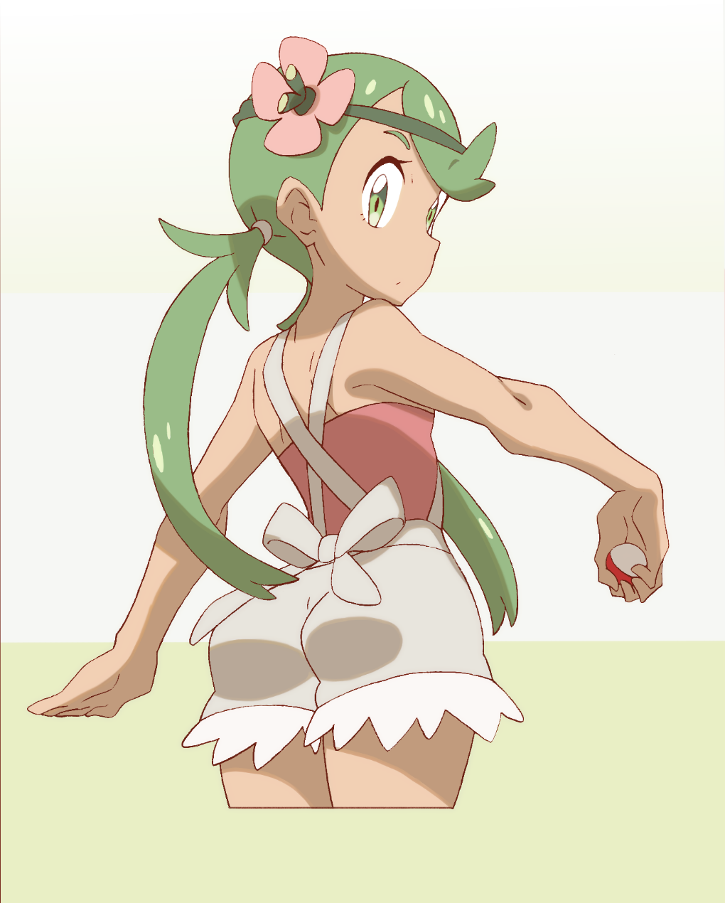 1girl ass bare_arms bare_shoulders closed_mouth cowboy_shot cropped_legs dark_skin eyebrows eyelashes flower from_behind green_eyes green_hair green_headband headband highres holding holding_poke_ball legs_together long_hair looking_back mallow_(pokemon) nomura_(buroriidesu) overalls pink_flower pink_shirt poke_ball poke_ball_(generic) pokemon pokemon_(game) pokemon_sm shirt solo strapless trial_captain twintails