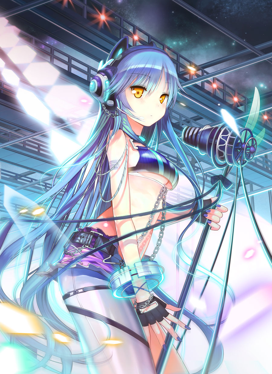 1girl asymmetrical_legwear barcode_tattoo belt black_gloves blue_hair breasts brown_eyes chains character_request eversu fingerless_gloves gloves headphones headset highres holding holding_microphone long_hair medium_breasts microphone midriff nail_polish navel outdoors purple_nails purple_shorts shorts stage stage_lights standing tattoo thigh_strap under_boob very_long_hair
