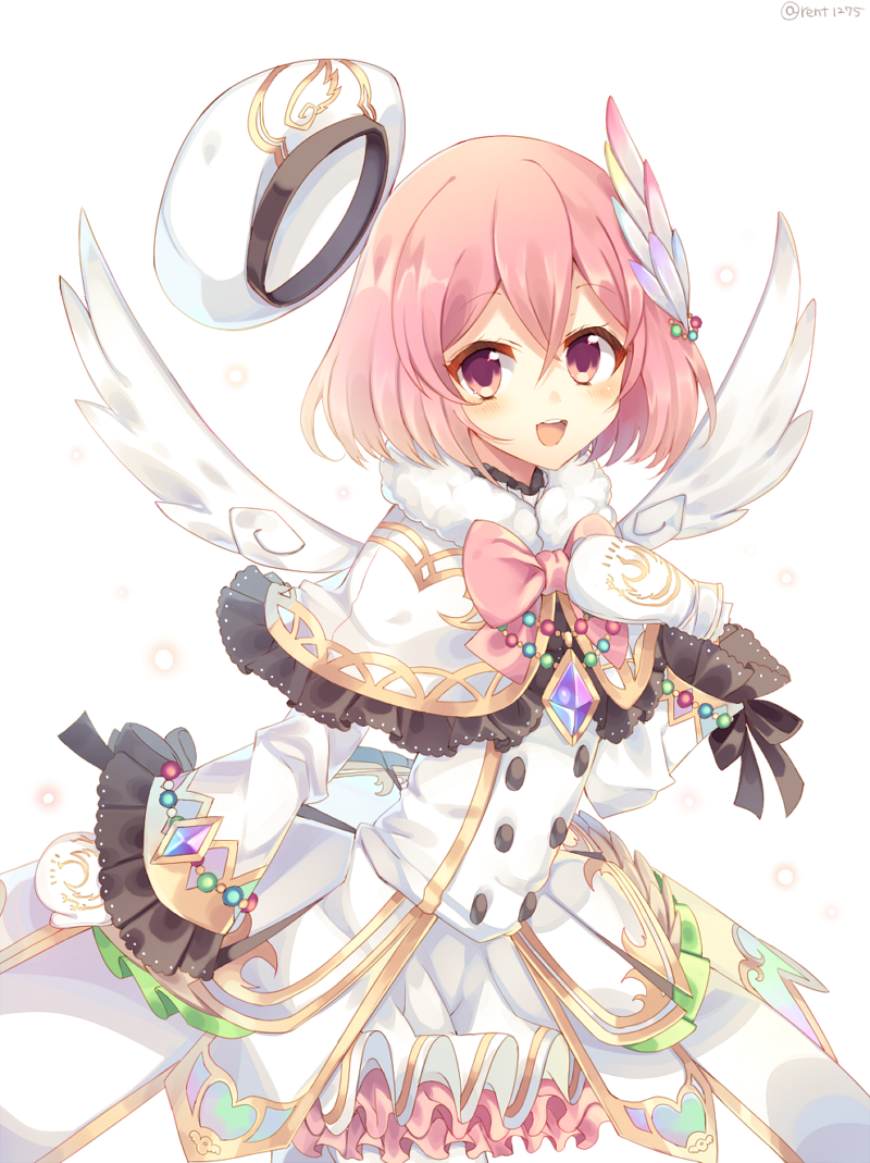 1girl bow dress frilled_dress frills gem gloves hand_on_own_chest hat hat_removed headwear_removed jewelry long_dress long_sleeves open_mouth original pink_eyes pink_hair rento_(rukeai) ribbon short_hair smile solo winged_hair_ornament wings