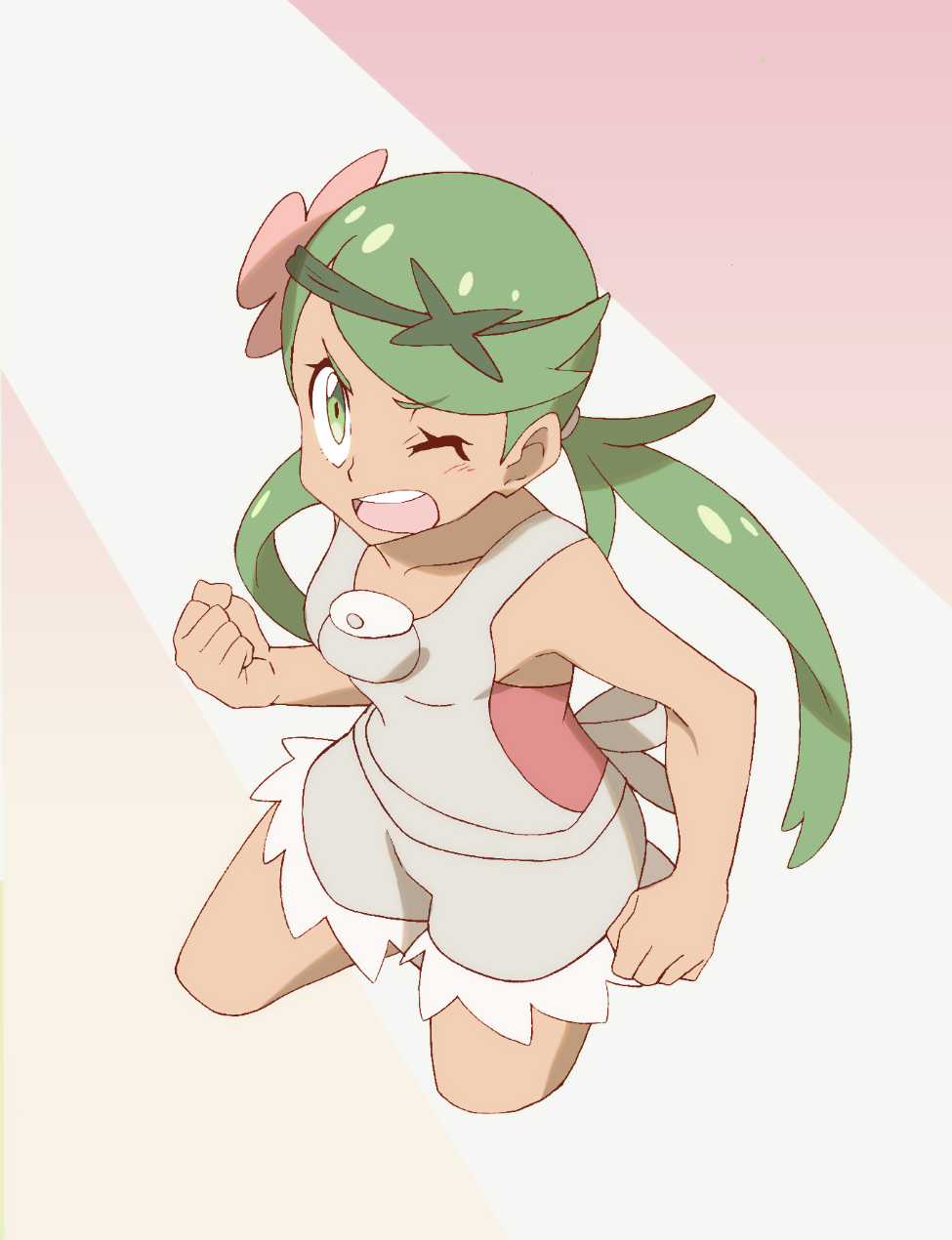 1girl bare_arms bare_shoulders clenched_hands collarbone cowboy_shot cropped_legs dark_skin eyebrows eyebrows_visible_through_hair flower green_eyes green_hair green_headband headband highres legs_apart long_hair mallow_(pokemon) nomura_(buroriidesu) one_eye_closed open_mouth overalls pink_flower pink_shirt pokemon pokemon_(game) pokemon_sm pouch shirt solo strapless teeth tongue trial_captain twintails v-shaped_eyebrows